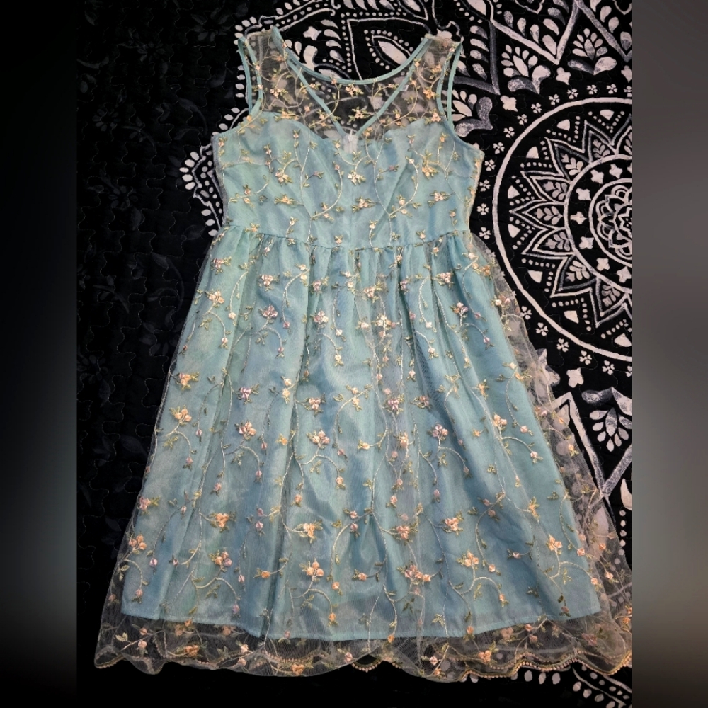 Retro blue dress with soft pink floral overlay